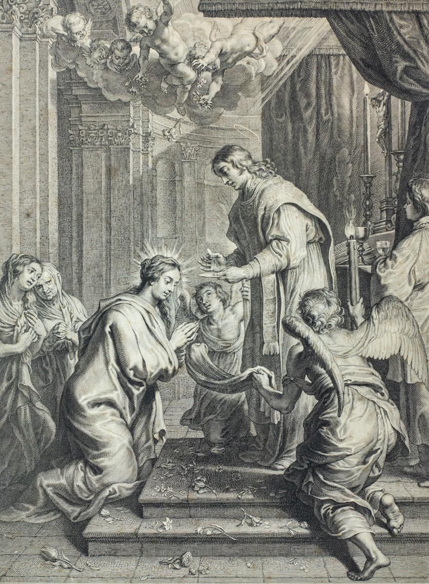 Engraving In Wooden Frame With Religious Scene   18th Century photo for sale