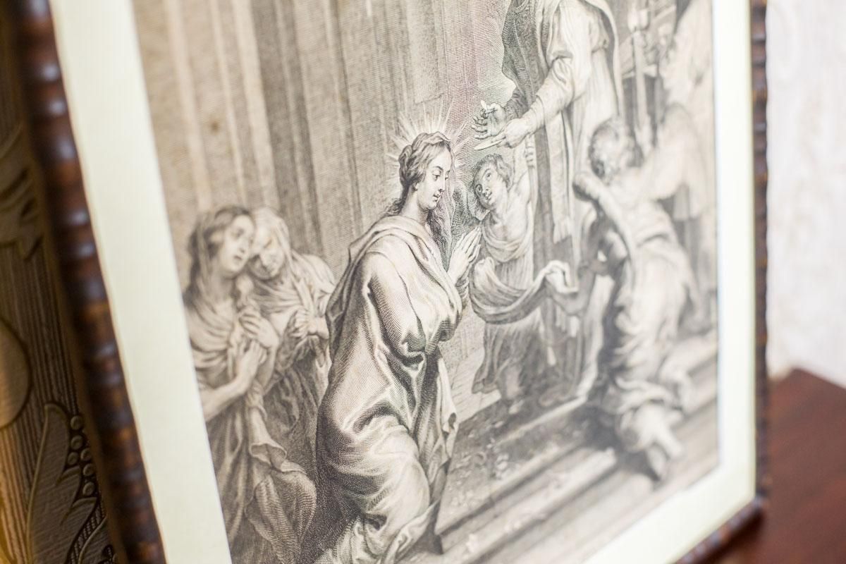 photo furniture Engraving In Wooden Frame With Religious Scene   18th Century
