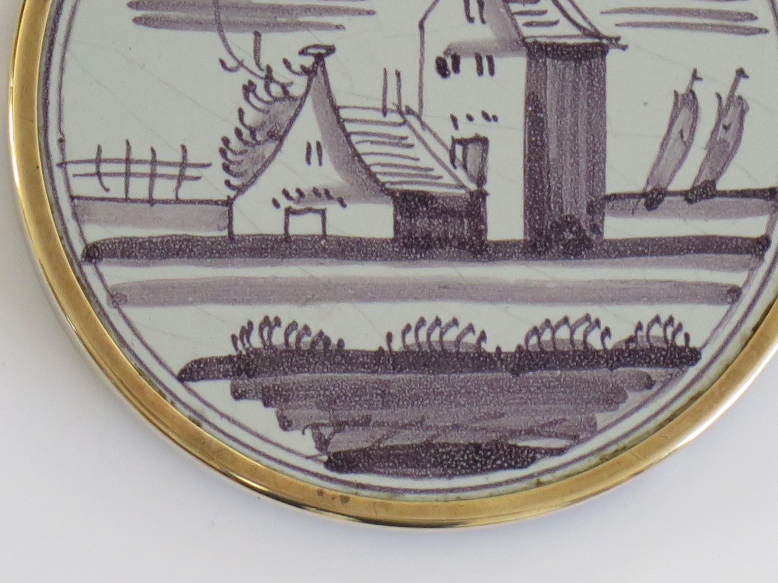Antique 18th C Delft Manganese Tile Stand In Brass Frame With Bun Feet, Ca 1760 photo vintage