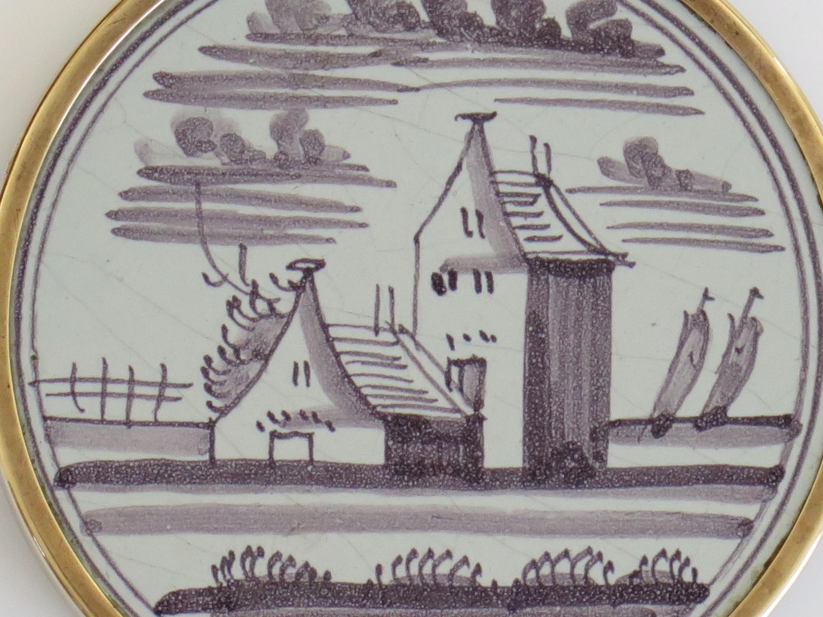 photo furniture Antique 18th C Delft Manganese Tile Stand In Brass Frame With Bun Feet, Ca 1760