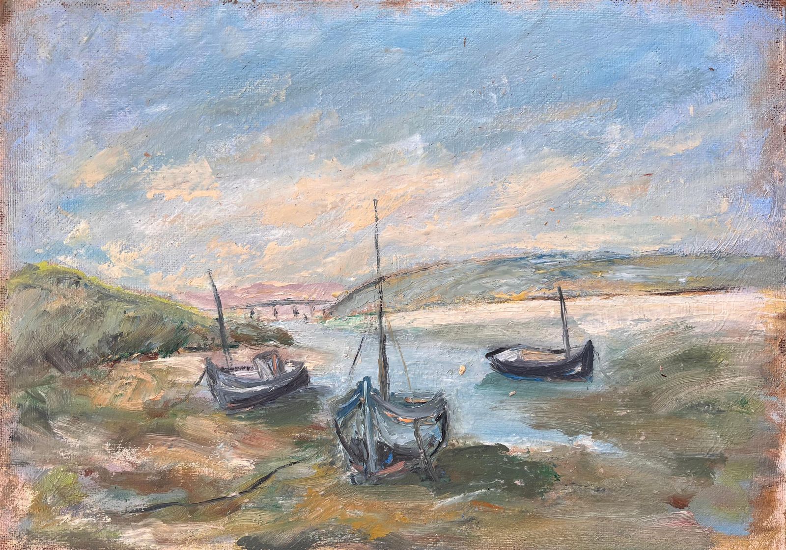 French Impressionist Painting Of Moored Boats And Coastal Riverbank