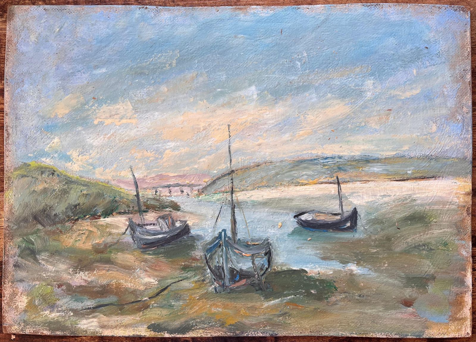 French Impressionist Painting Of Moored Boats And Coastal Riverbank photo furniture