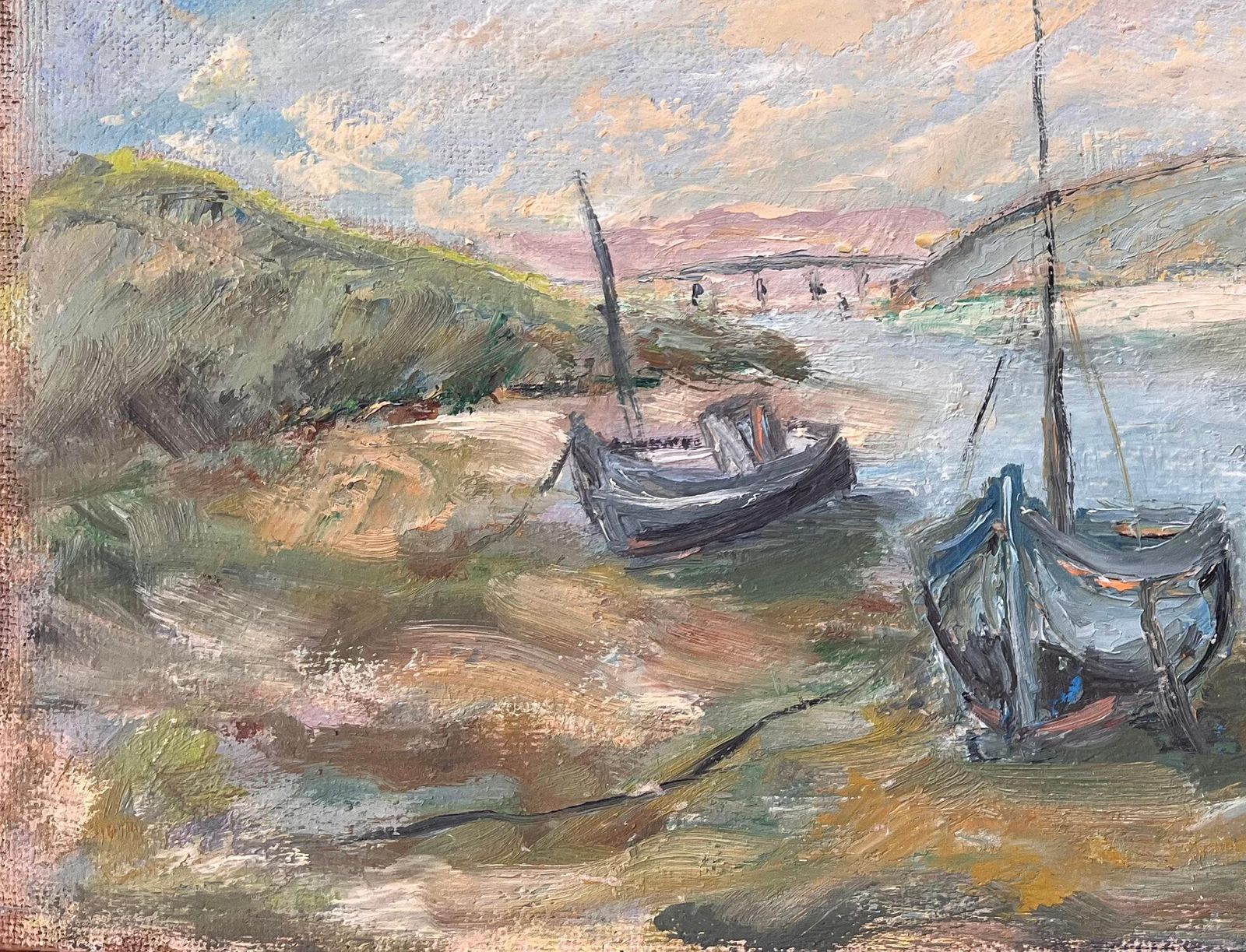 French Impressionist Painting Of Moored Boats And Coastal Riverbank photo for sale