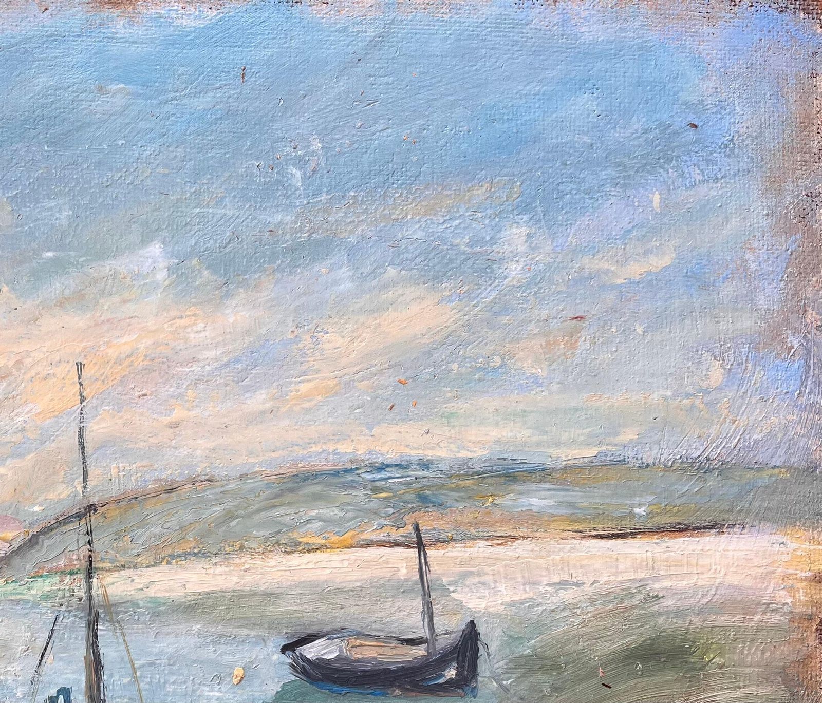 French Impressionist Painting Of Moored Boats And Coastal Riverbank photo vinterior