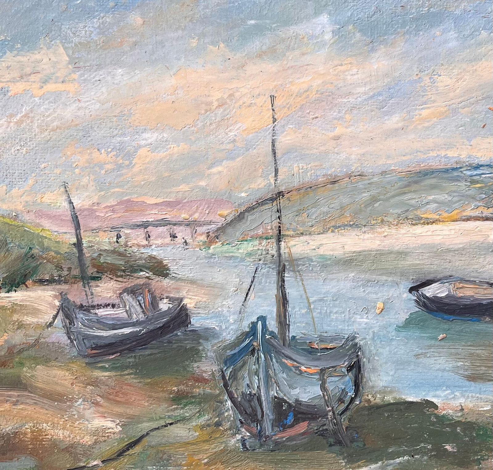 French Impressionist Painting Of Moored Boats And Coastal Riverbank photo buy