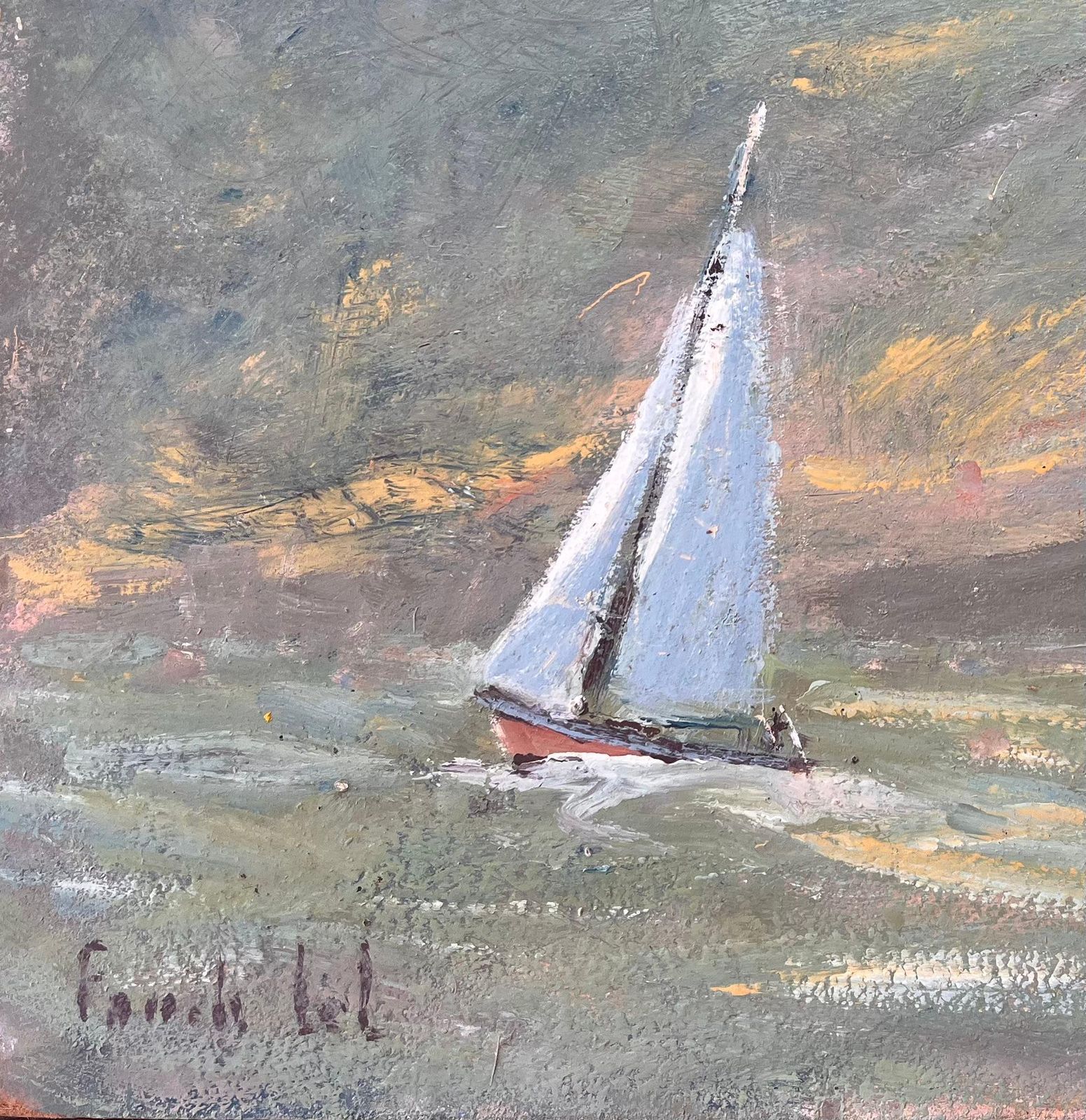 French Impressionist Seascape With Two White Sailed Boats At Sunset photo for sale