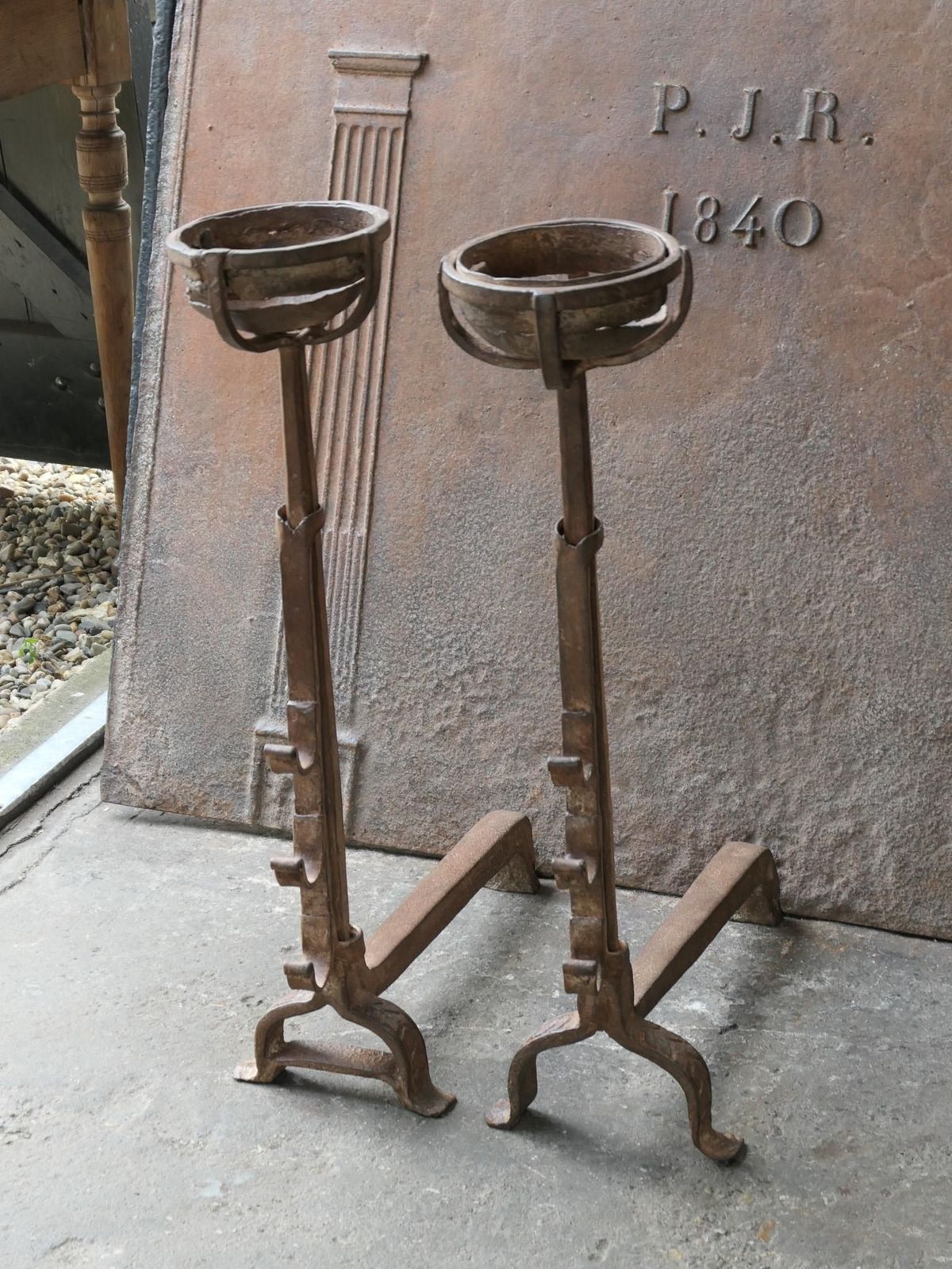 Hand Forged French Gothic Andirons Or Firedogs, 17th Century Period photo furniture