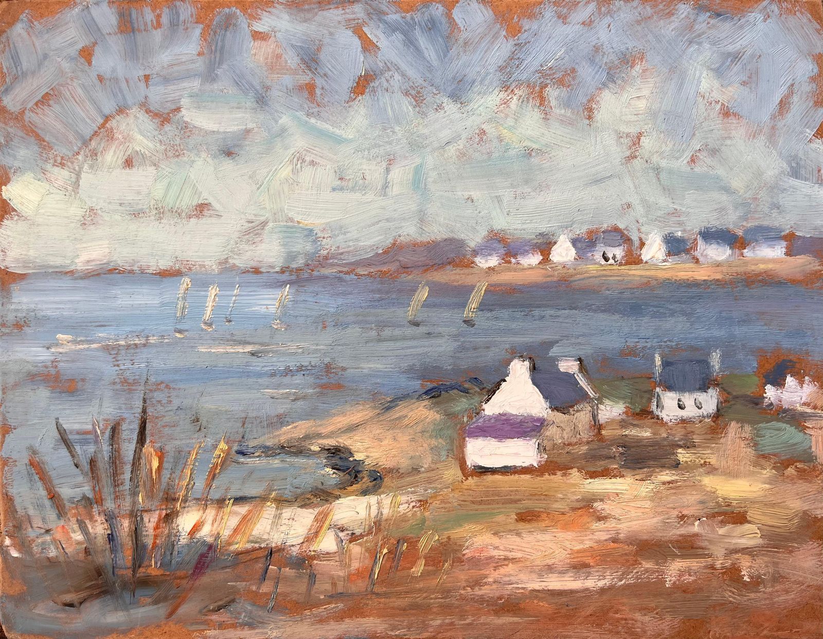 Post Impressionist French Coastal Landscape With Sailboats And Cottages