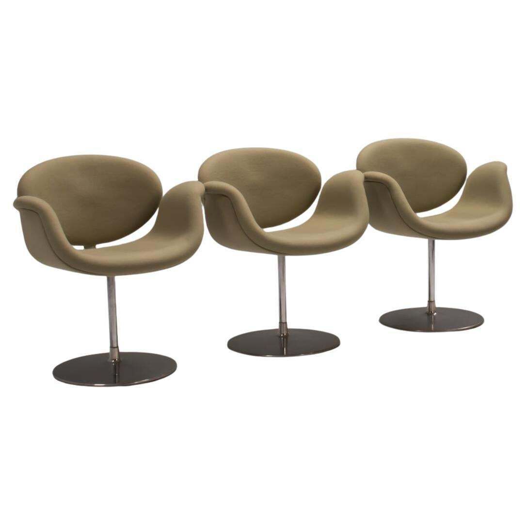 Artifort By Pierre Paulin Green Fabric Little Tulip Swivel Chairs, Set Of Three