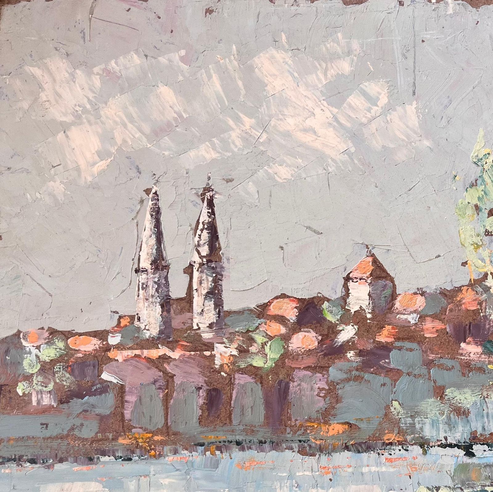 Fanch Lel French Post Impressionist Painting Of Mâcon And Twin Church Spires And River photo for sale