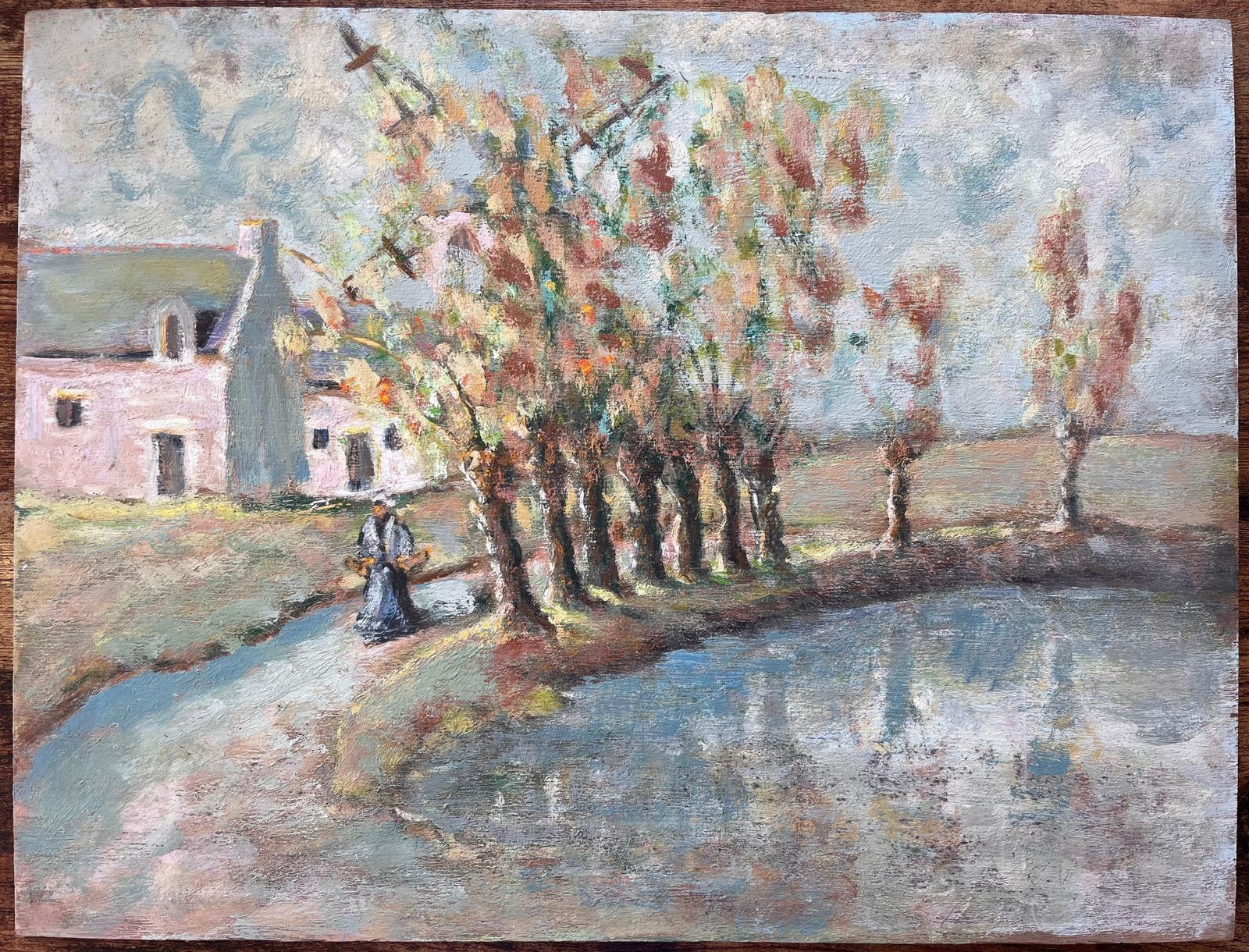 French Countryside Painting Of Tree Lined Pond And Village Path With Figure photo furniture