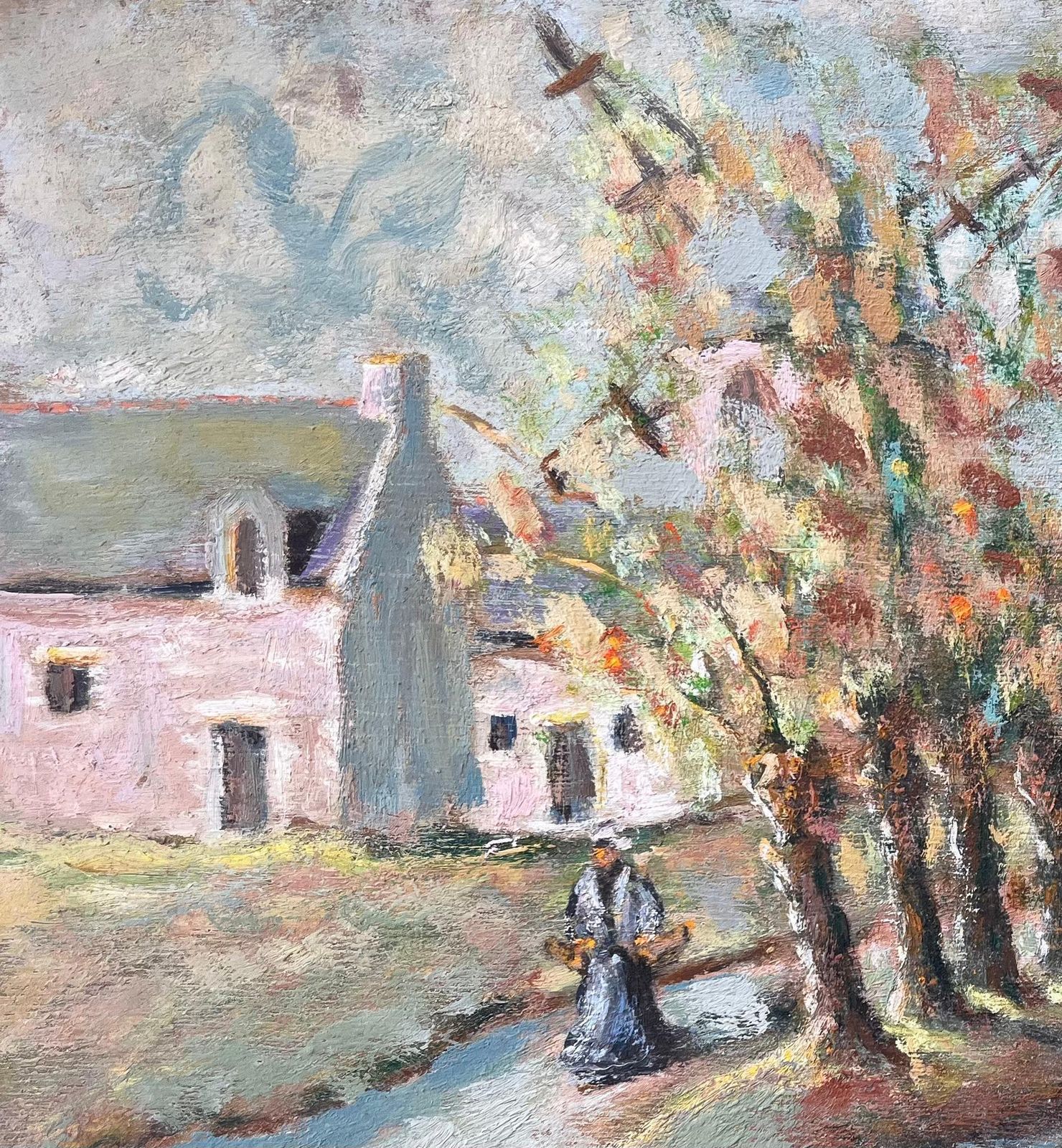 French Countryside Painting Of Tree Lined Pond And Village Path With Figure photo for sale