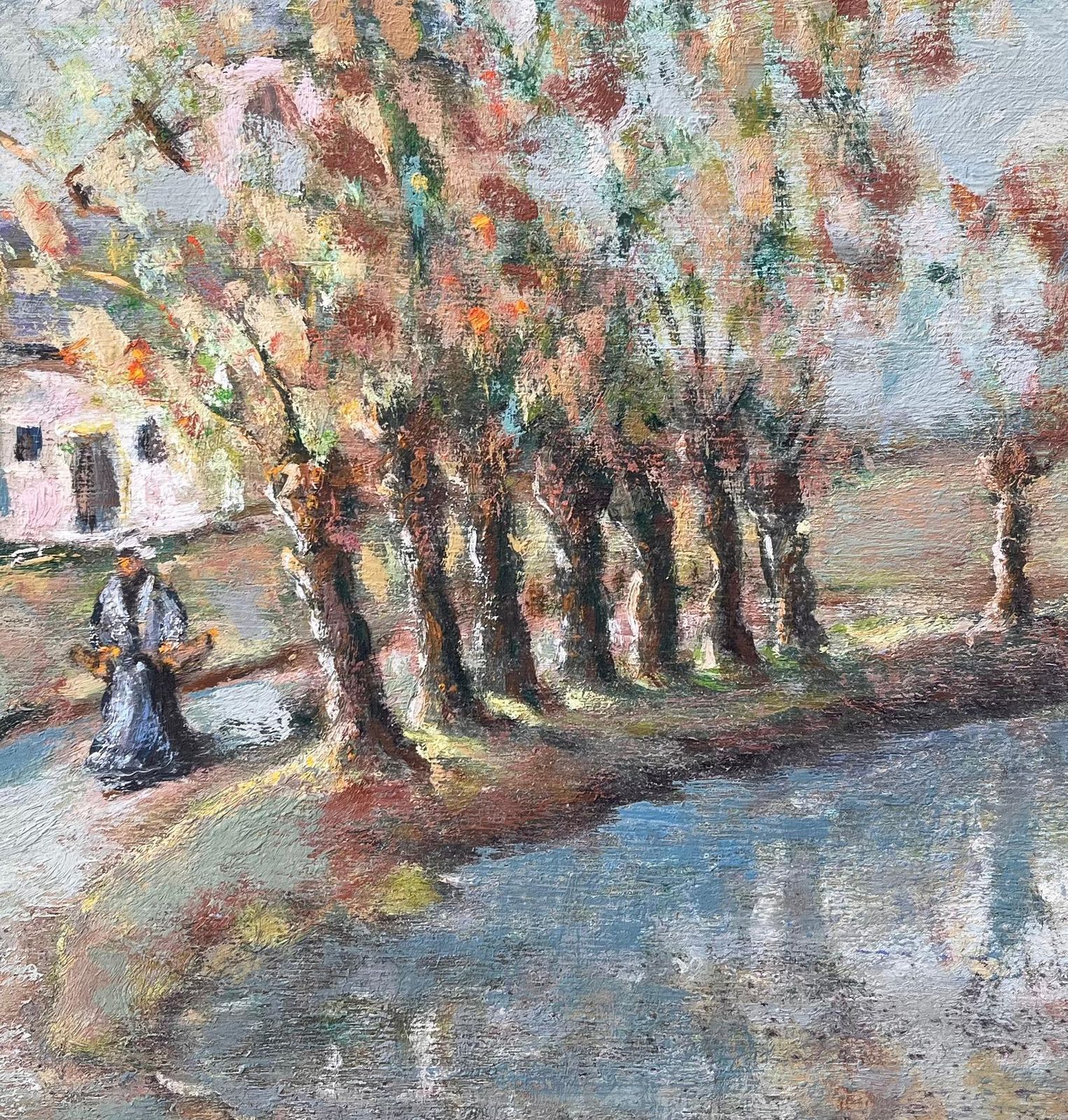 French Countryside Painting Of Tree Lined Pond And Village Path With Figure photo buy