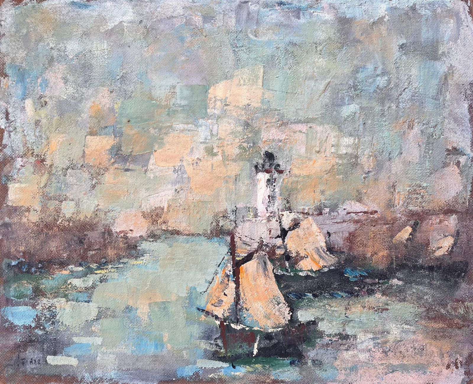 Fanch Lel French Impressionist Seascape Of Sailboats And Lighthouse In Soft Pastels