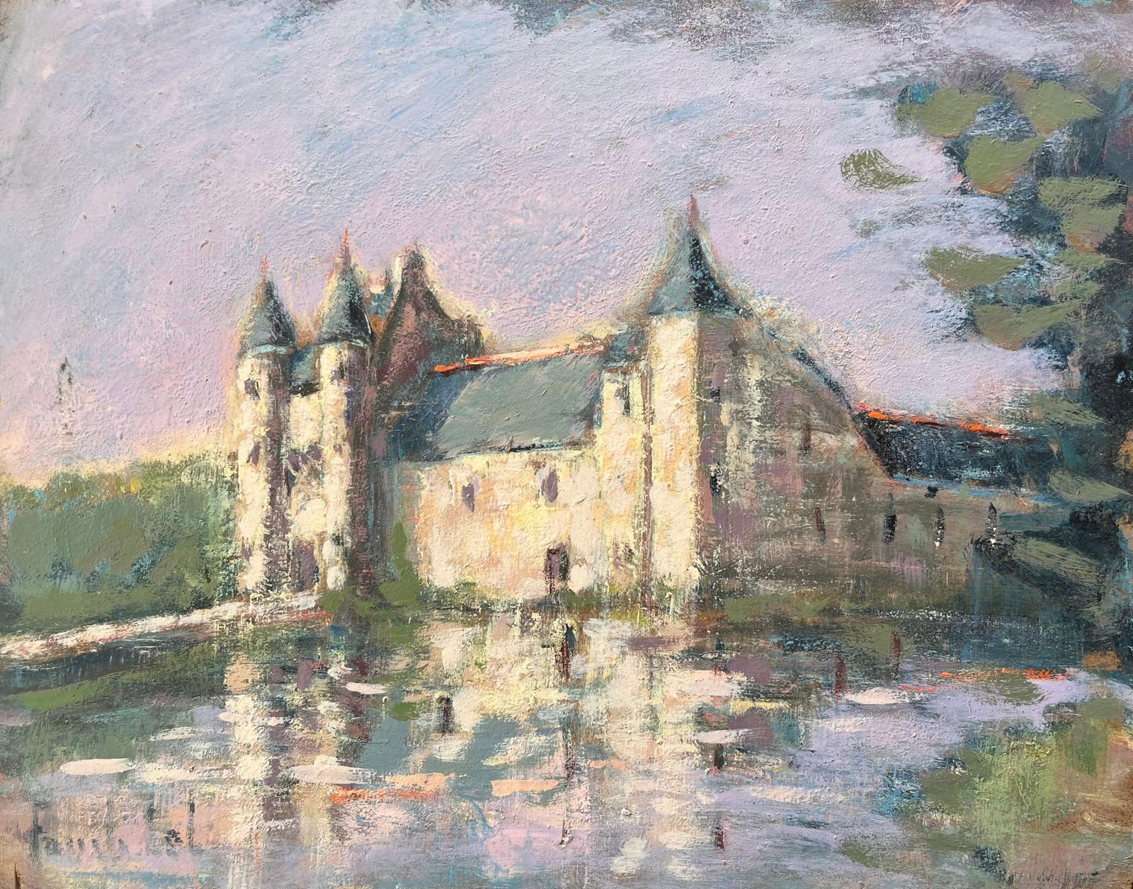 Fanch Lel Impressionist Reflections Of A French Chateau In Soft Lavender Light With Moat