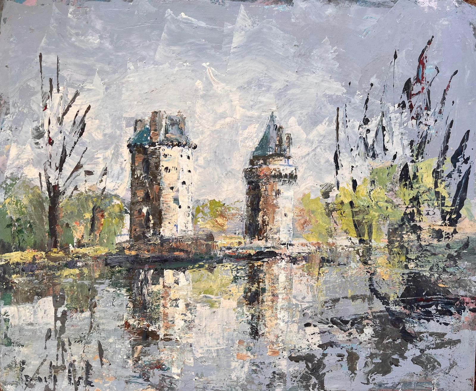 Fanch Lel French Impressionist Oil Of Twin Turrets And Trees Reflected In River Scene