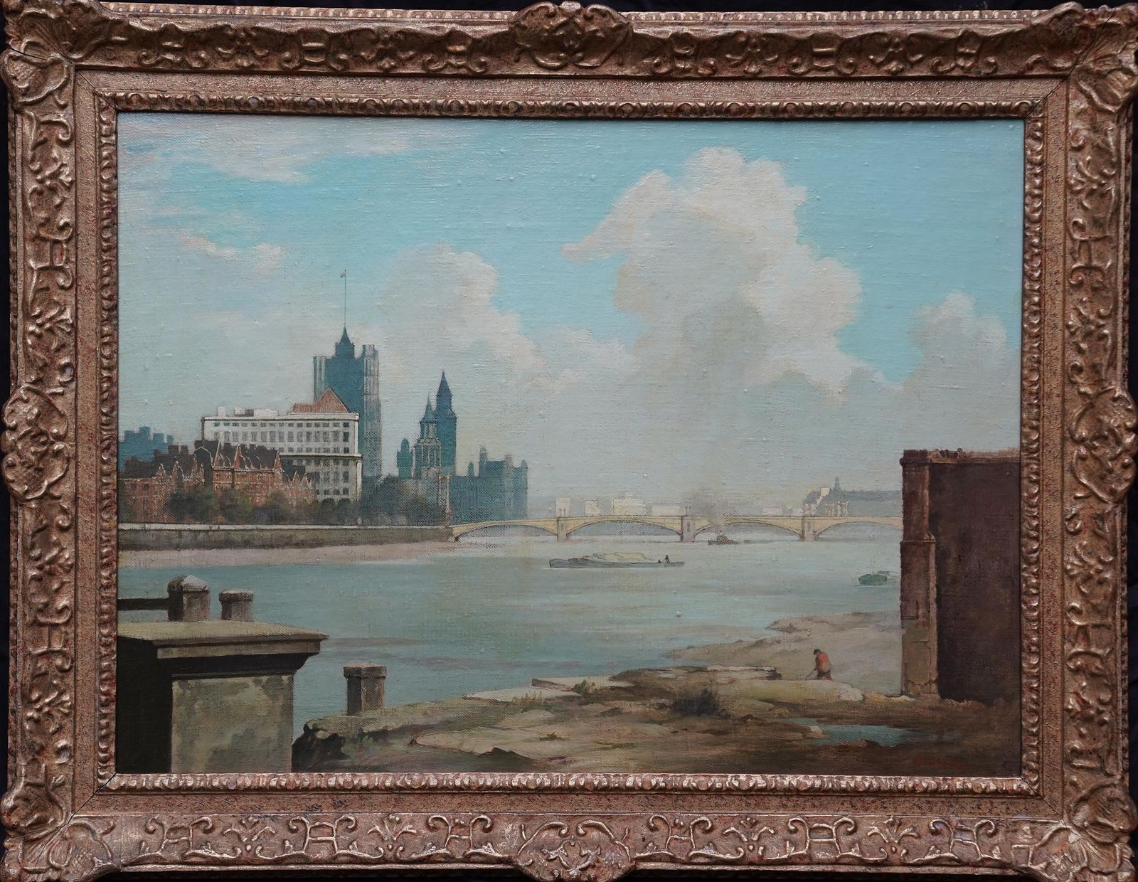 photo for sale Bertram Nichollsvauxhall Bridge London 1951   British Post Impressionist Landscape Oil Painting1951