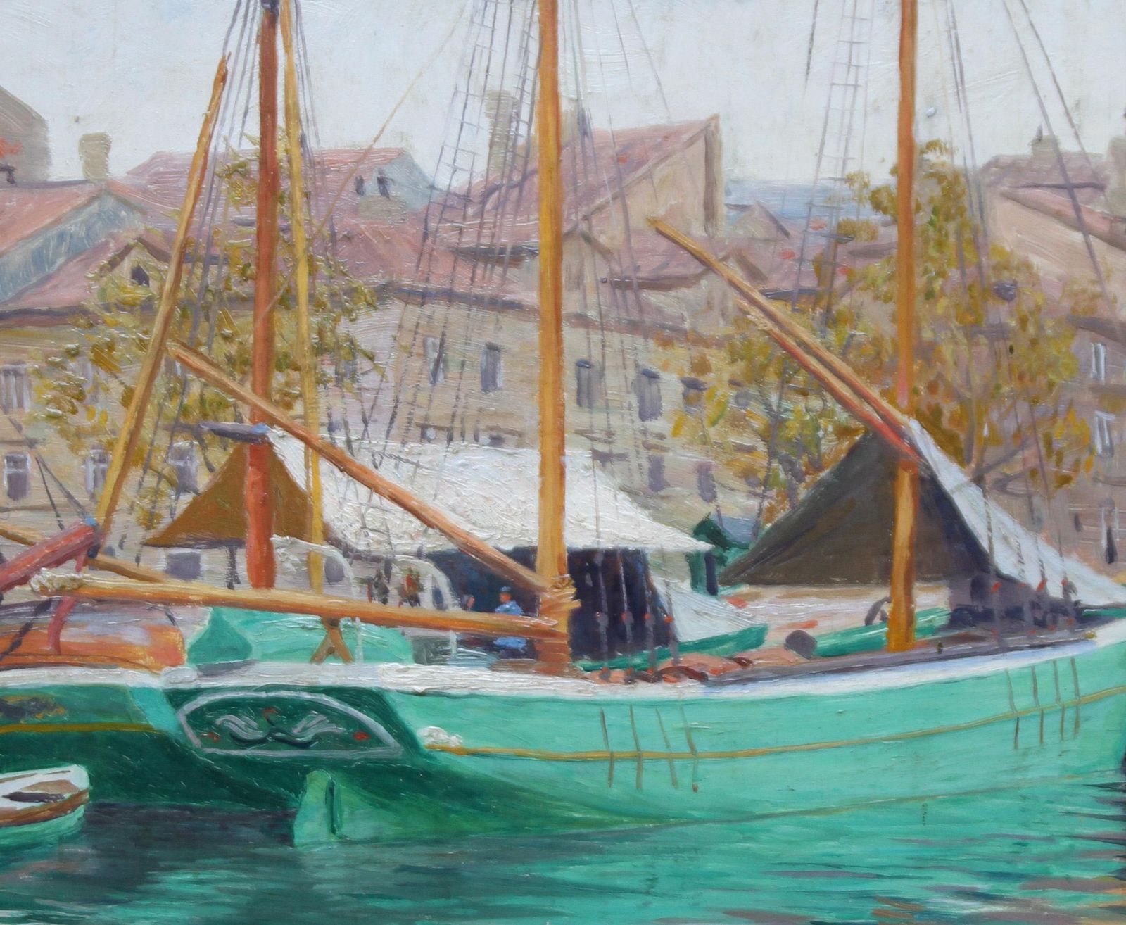 Roland Strasser  Harbour Scene Jakarta   Marine Art Oil Painting 1920 Indonesia Bugis Boatscirca 1920 photo for sale