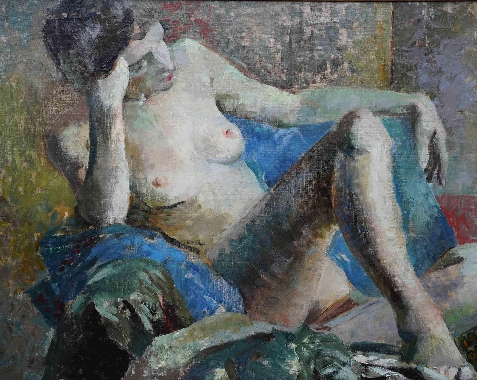 photo vinterior Reclining Nude   Industrial Scene Verso   Scottish 1940's Portrait Oil Paintingcirca 1945