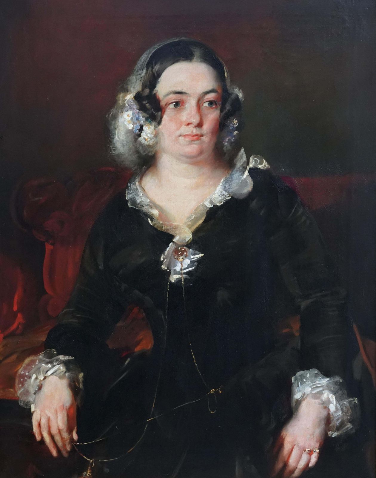 Portrait Of A Lady With Lace Collar   British 19th Century Art Oil Paintingcirca 1810 photo furniture