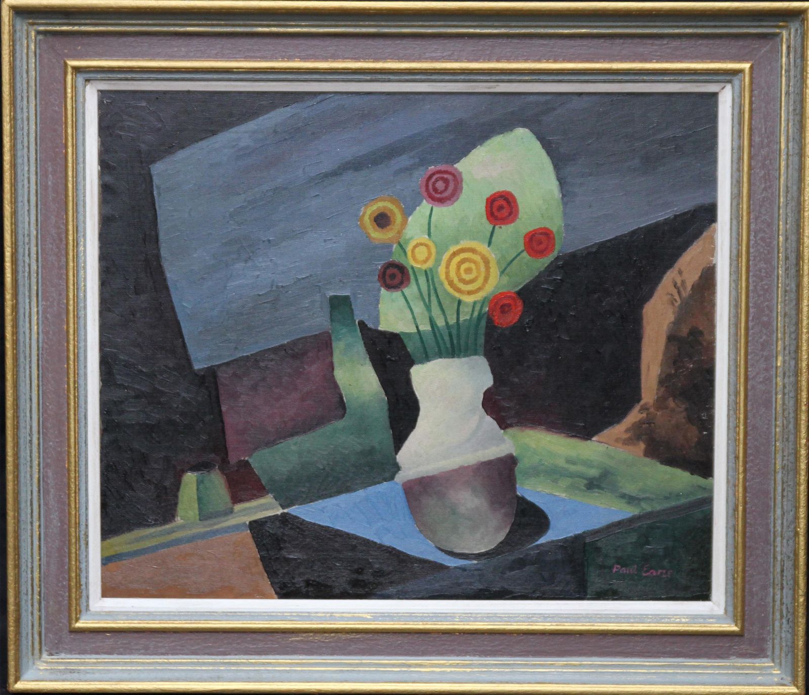 Art Paul Eareefloral Still Life   British Art 1930 Post Cubist Oil Painting Red Yellow Flowerscirca 1930 photo