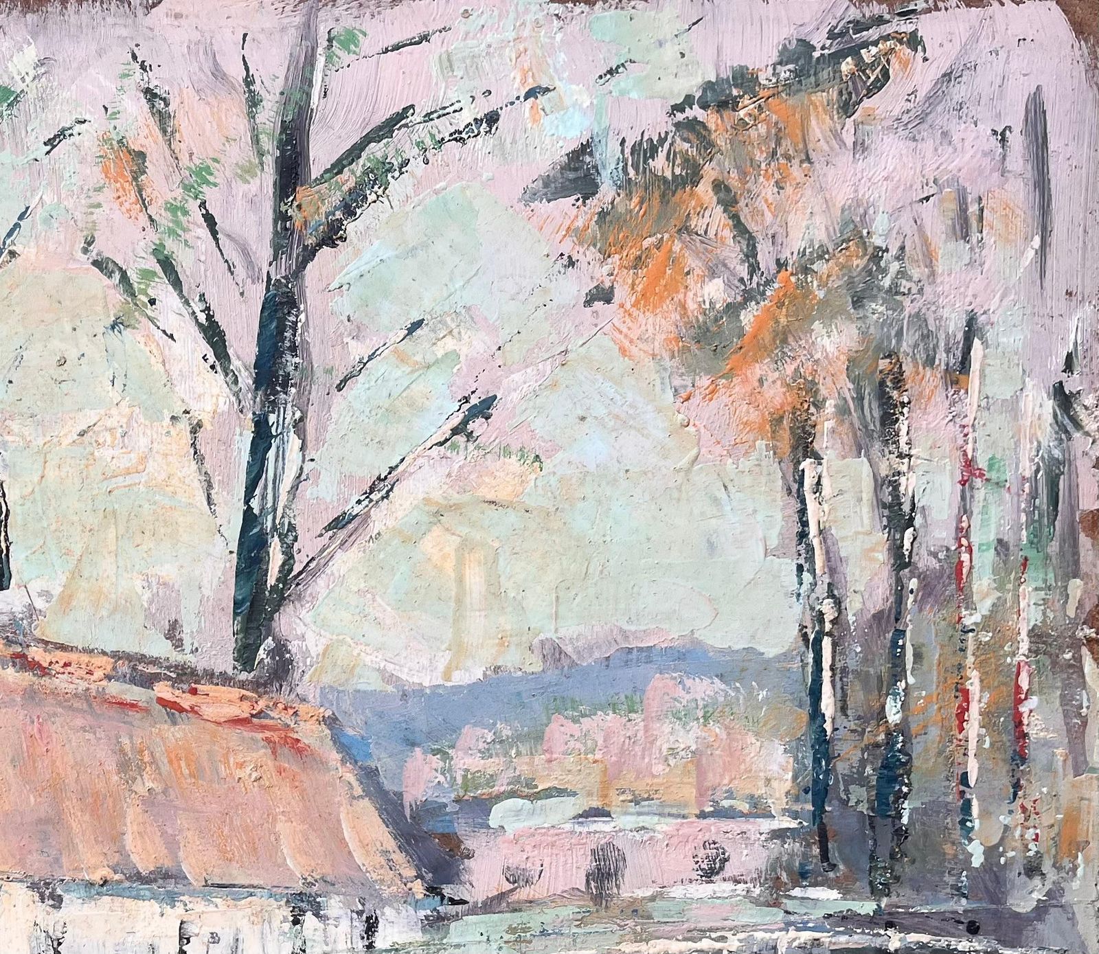 French Impressionist Oil Of Thatched Farmhouse With River And Bridge photo vinterior