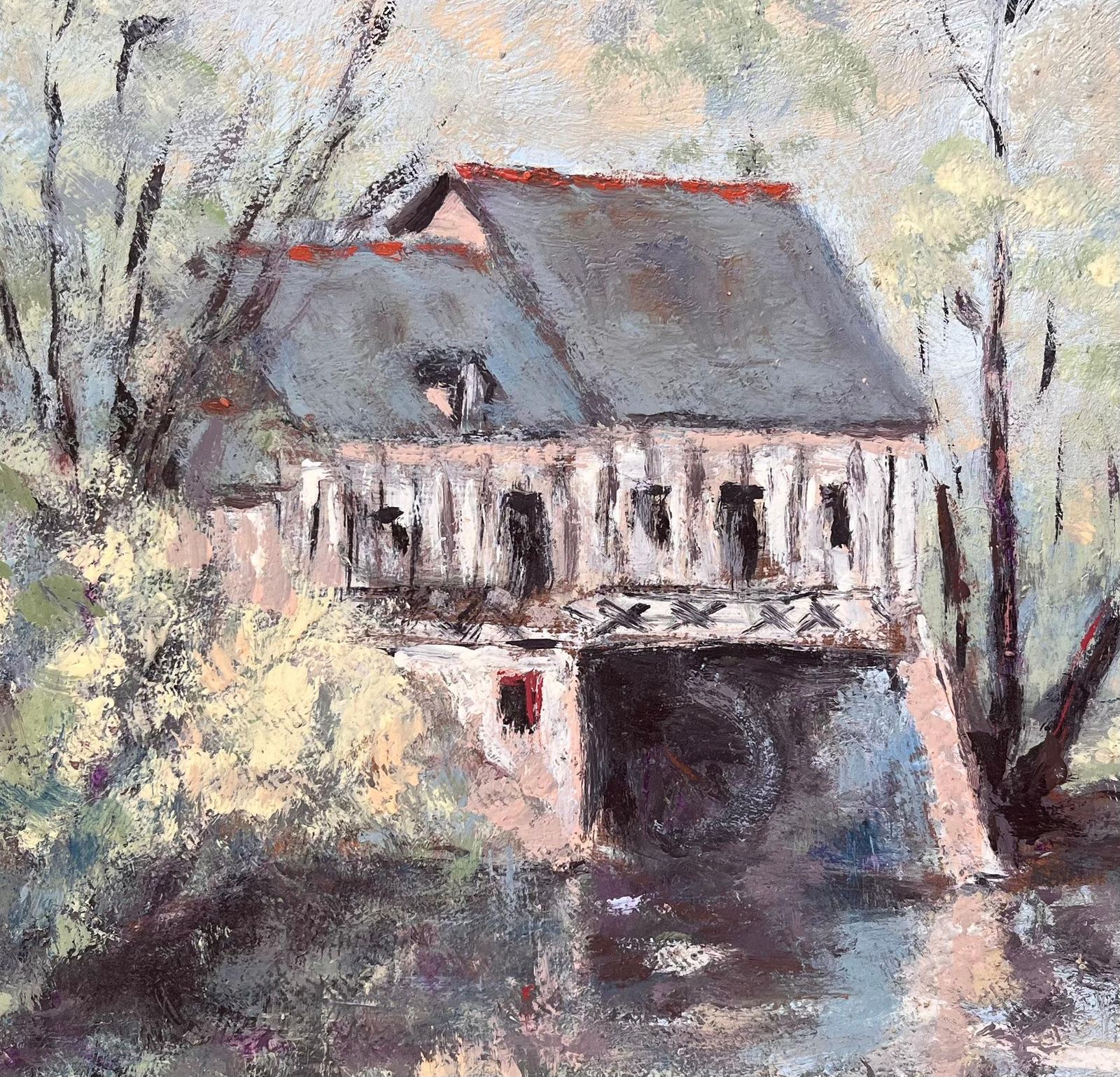 Fanch Lel French Impressionist Oil Of Riverside Mill House With Trees And Reflections photo buy