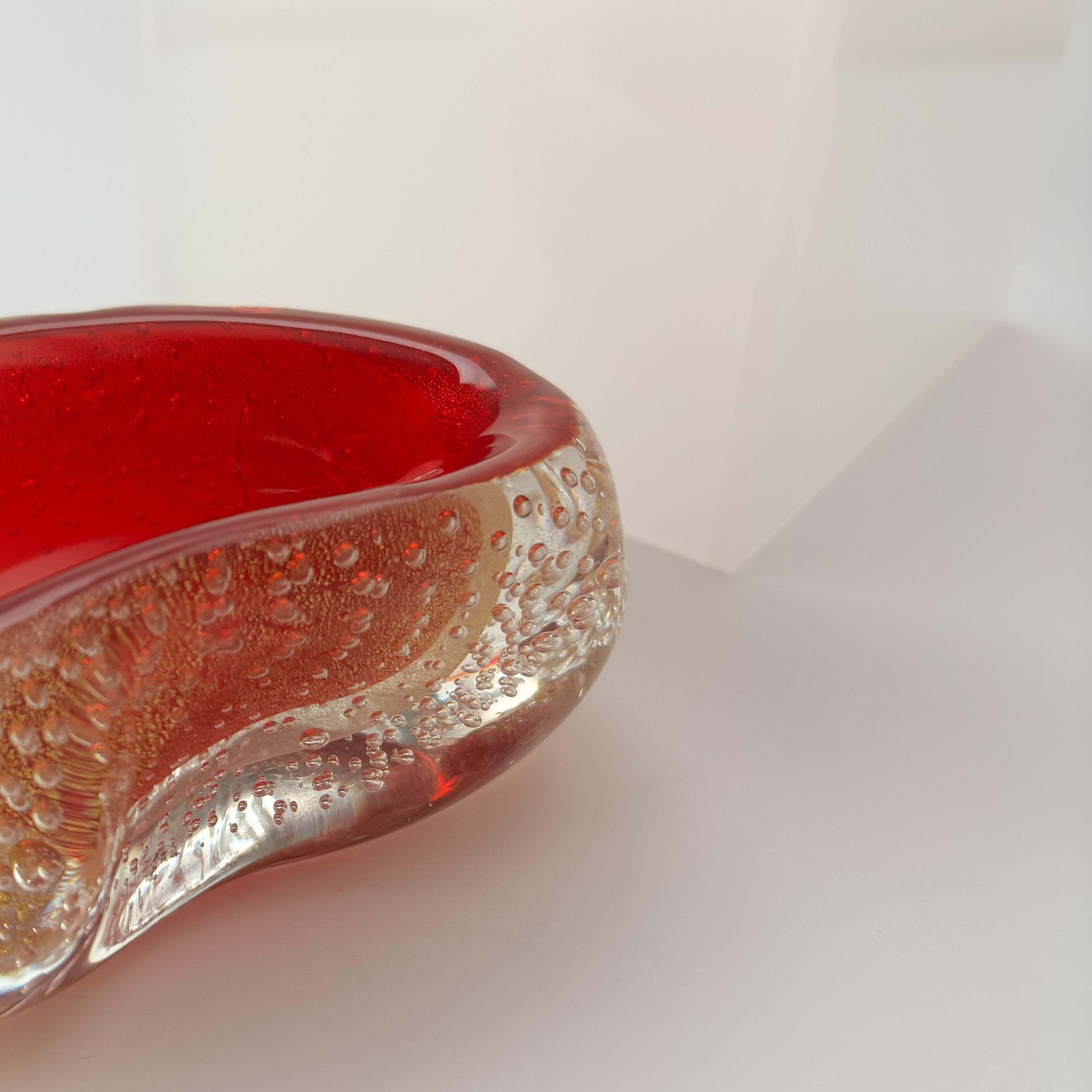 photo furniture Archimede Seguso, Murano Glass Bowl, Red Sommerso, Gold Inclusion C.1950s Italy