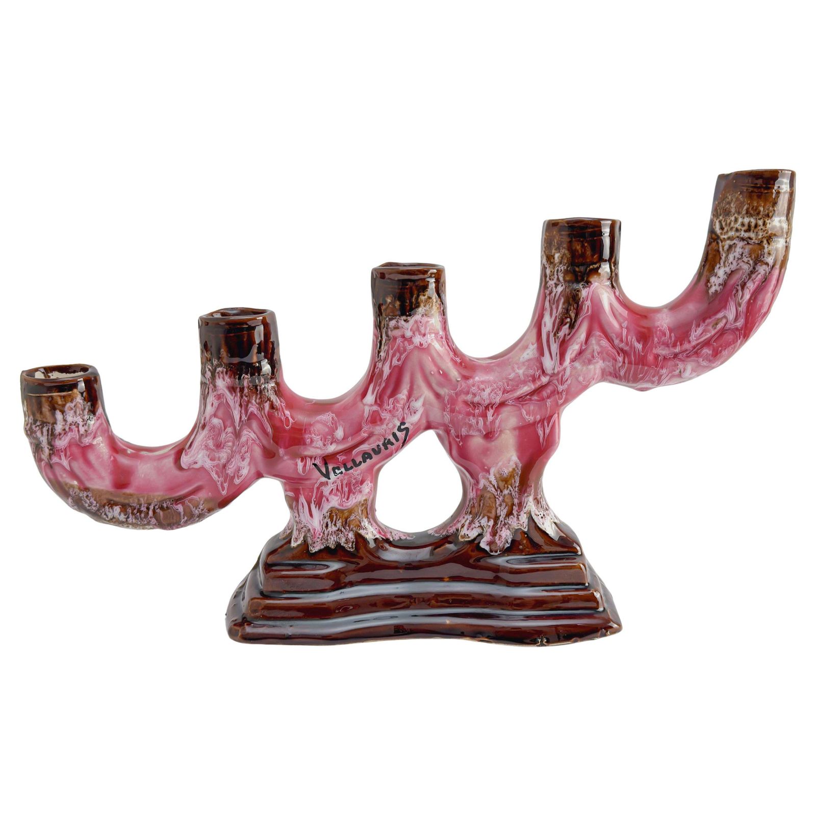 Vallauris, Vintage Candelabra, Pink Brown Glaze Ceramic, C.1960s France