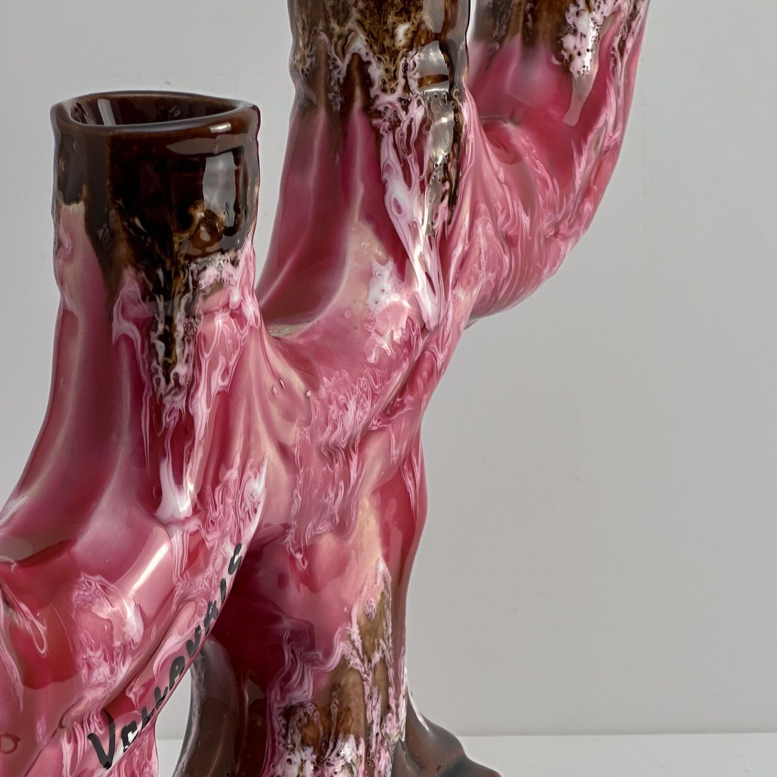 photo furniture Vallauris, Vintage Candelabra, Pink Brown Glaze Ceramic, C.1960s France