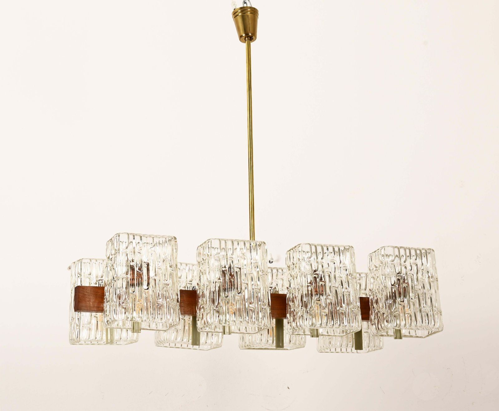 Austrian Walnut/Brass Chandelier With Pressed Glass Shades By Rupert Nikoll photo for sale