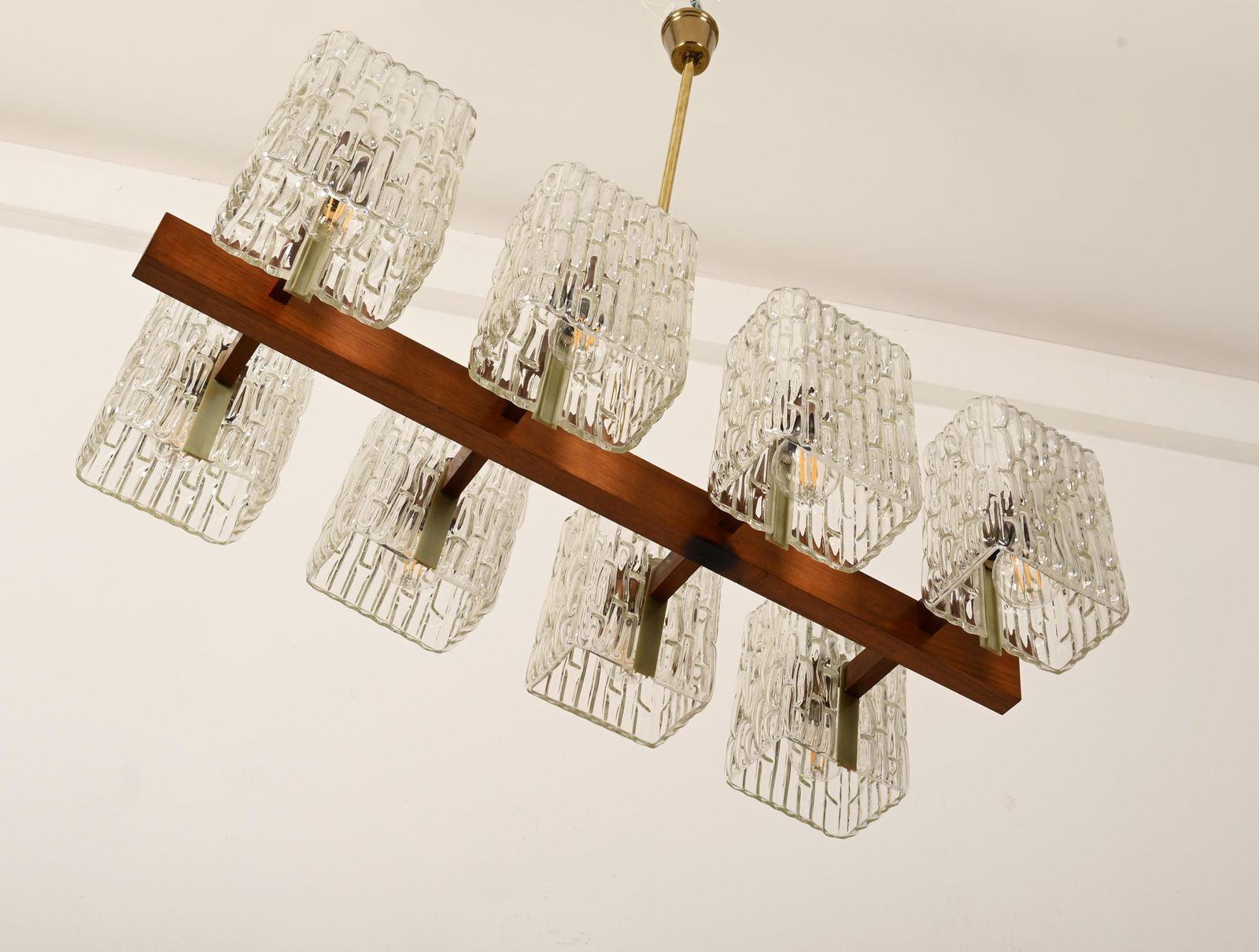 Austrian Walnut/Brass Chandelier With Pressed Glass Shades By Rupert Nikoll photo Lighting