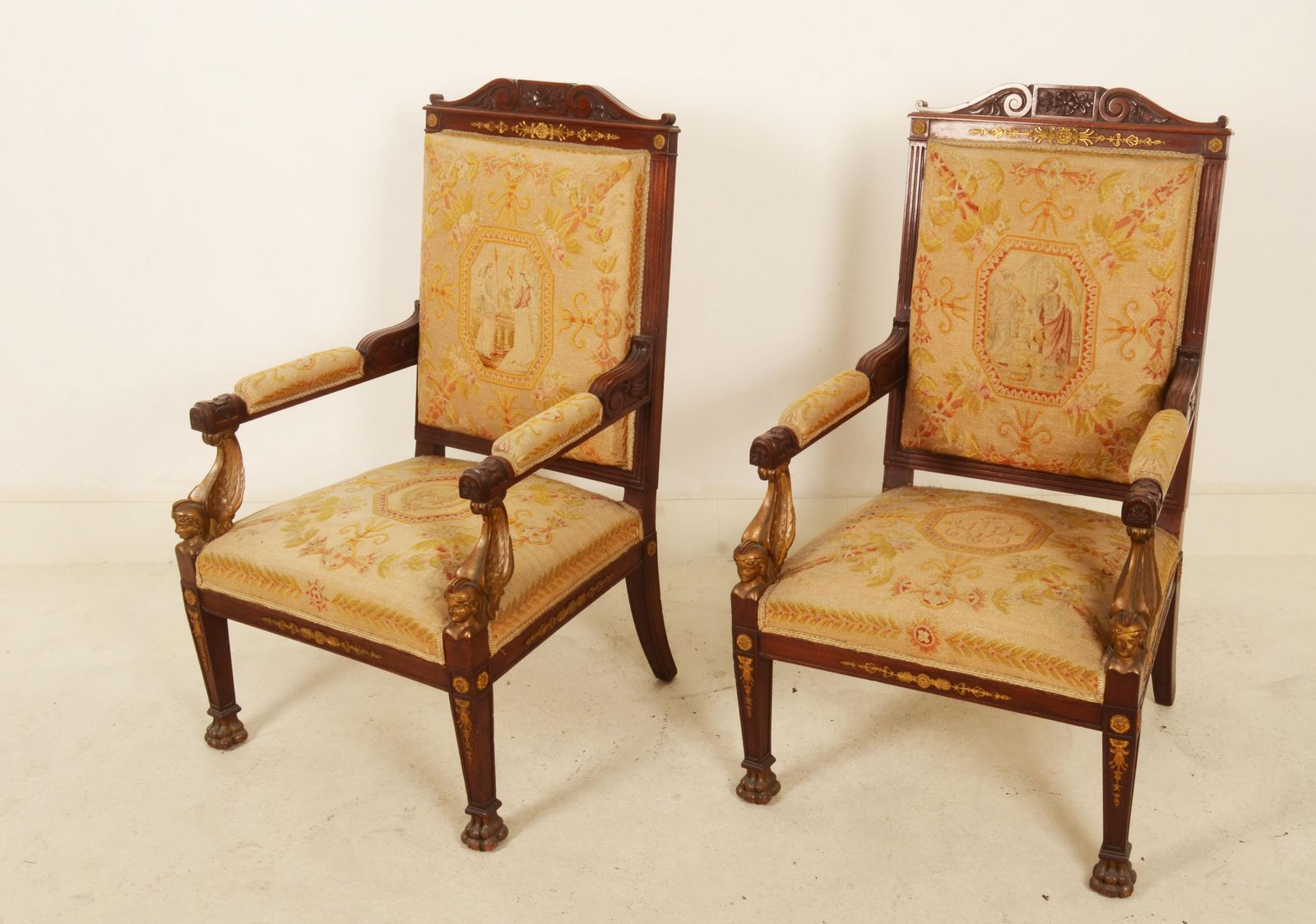 Paar Franse Empire-stijl fauteuils photo for sale