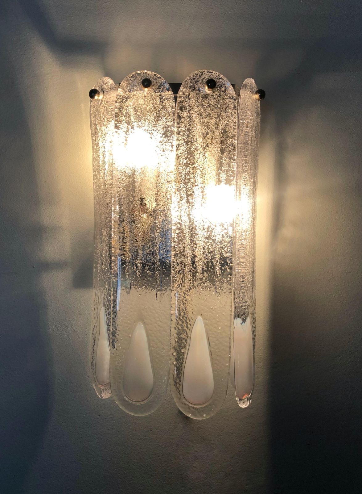 Italian Mid Century Pair Of White Murano Glass Wall Sconces By Mazzega, 1970s photo buy
