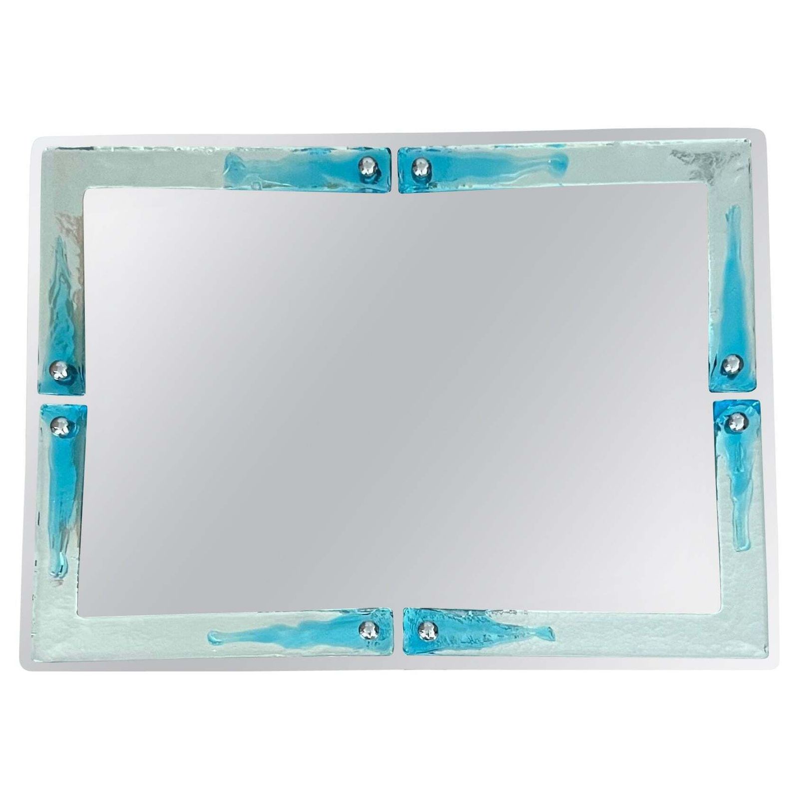 Italian Large Mid Century Clear Blue Murano Glass Wall Mirror By Mazzega, 1970s
