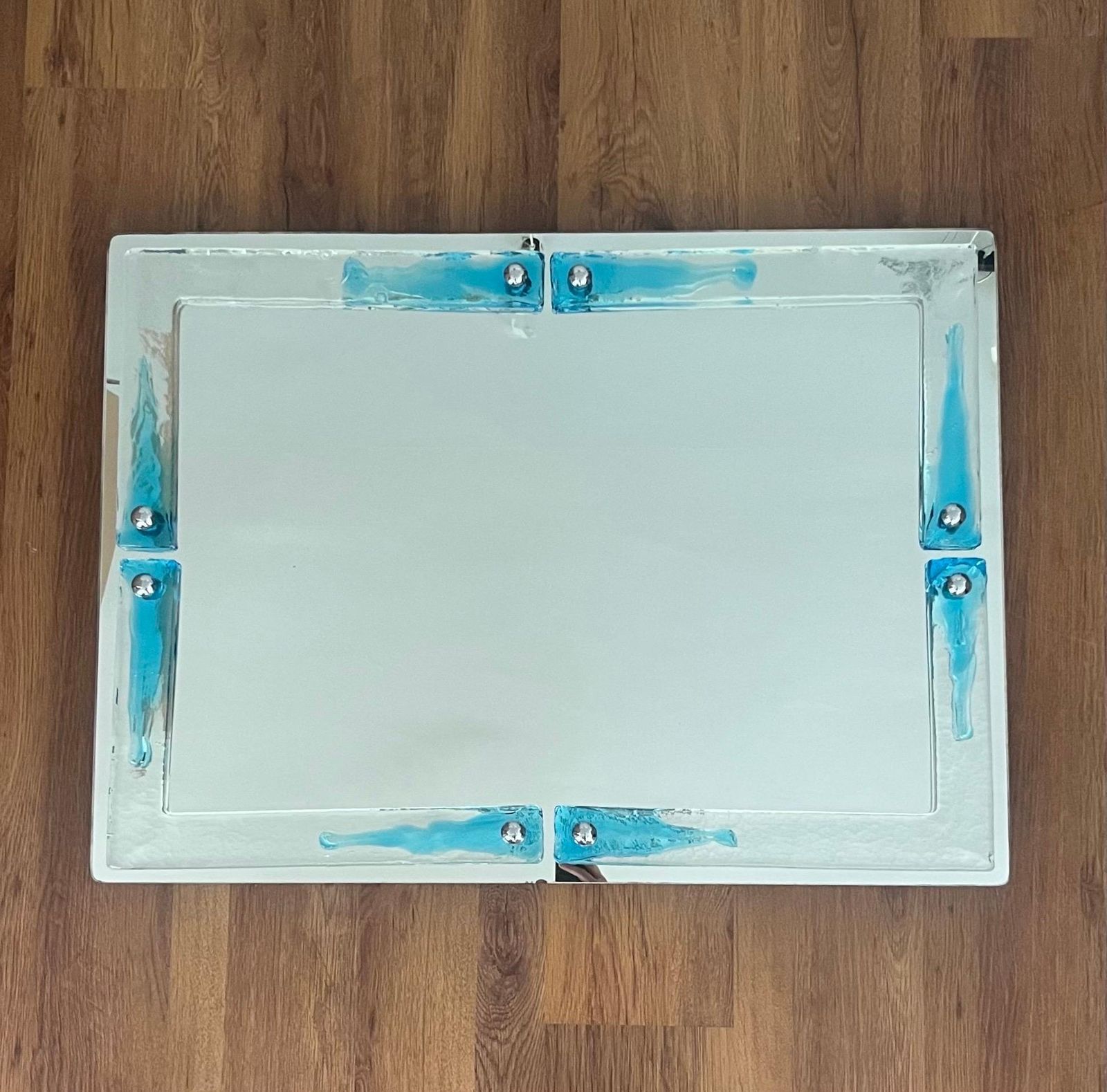 Italian Large Mid Century Clear Blue Murano Glass Wall Mirror By Mazzega, 1970s photo for sale