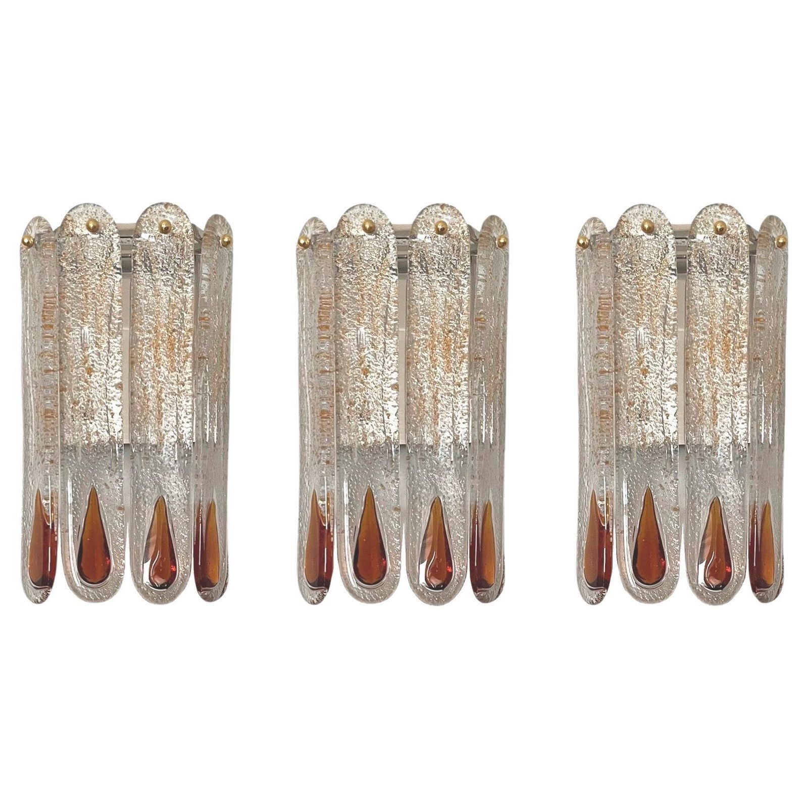 Midcentury Italian Set Of Three Amber Murano Wall Sconces By Mazzega, 1970s