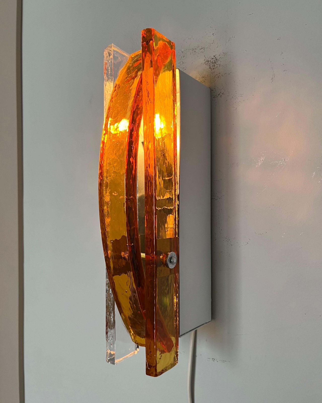 Italian Mid Century Pair Of Amber Clear Murano Wall Sconces By Poliarte, 1970s photo vintage