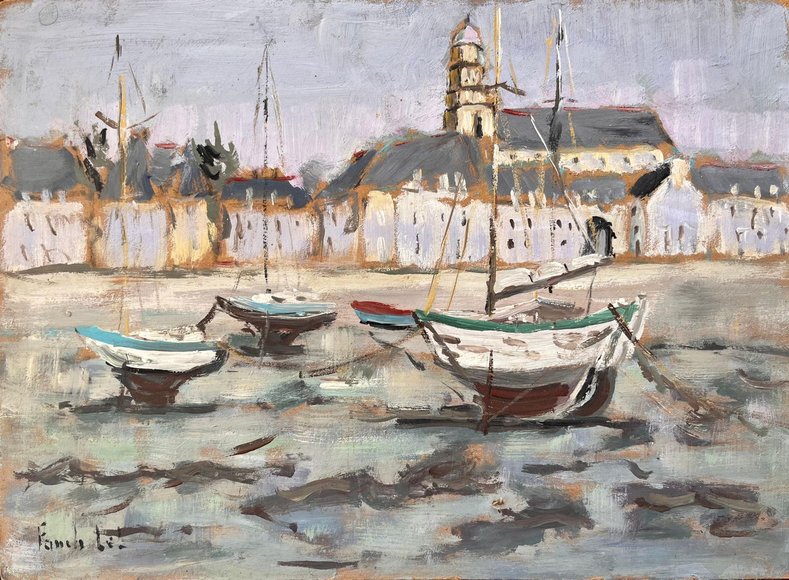 Fanch Lel Post Impressionist French Harbour Scene Of Saint Servan With Boats And Church 1999