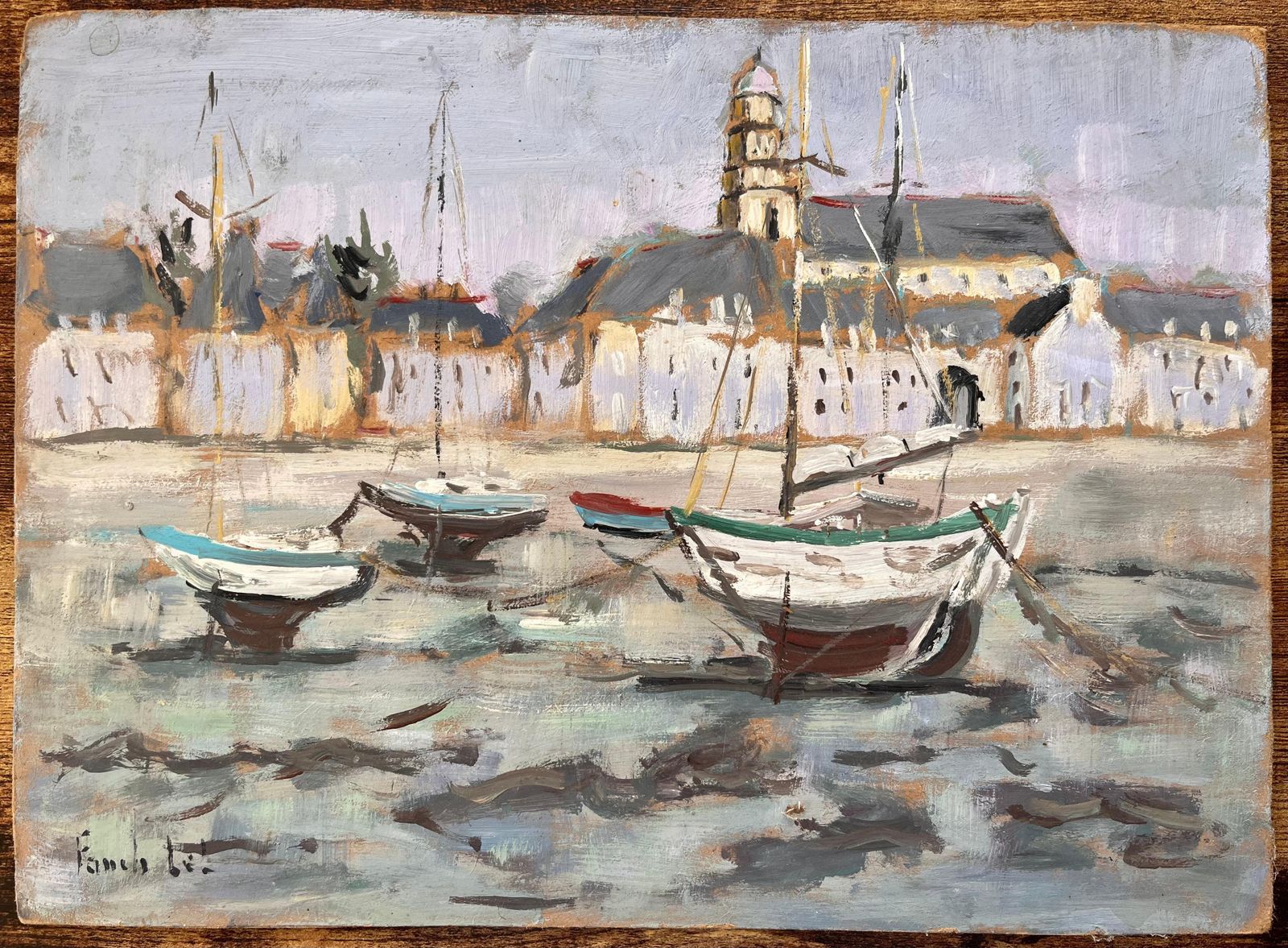 Fanch Lel Post Impressionist French Harbour Scene Of Saint Servan With Boats And Church 1999 photo furniture