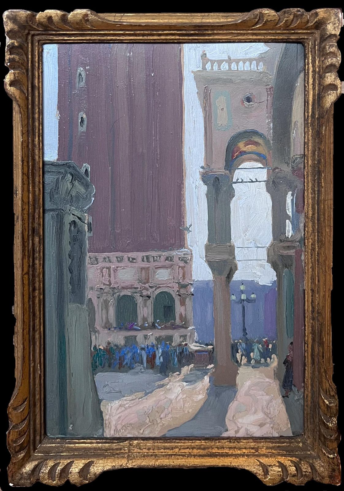 Etienne Auguste Krier Early 1900's French Impressionist Oil Sketch Figures St. Marks Square Venice