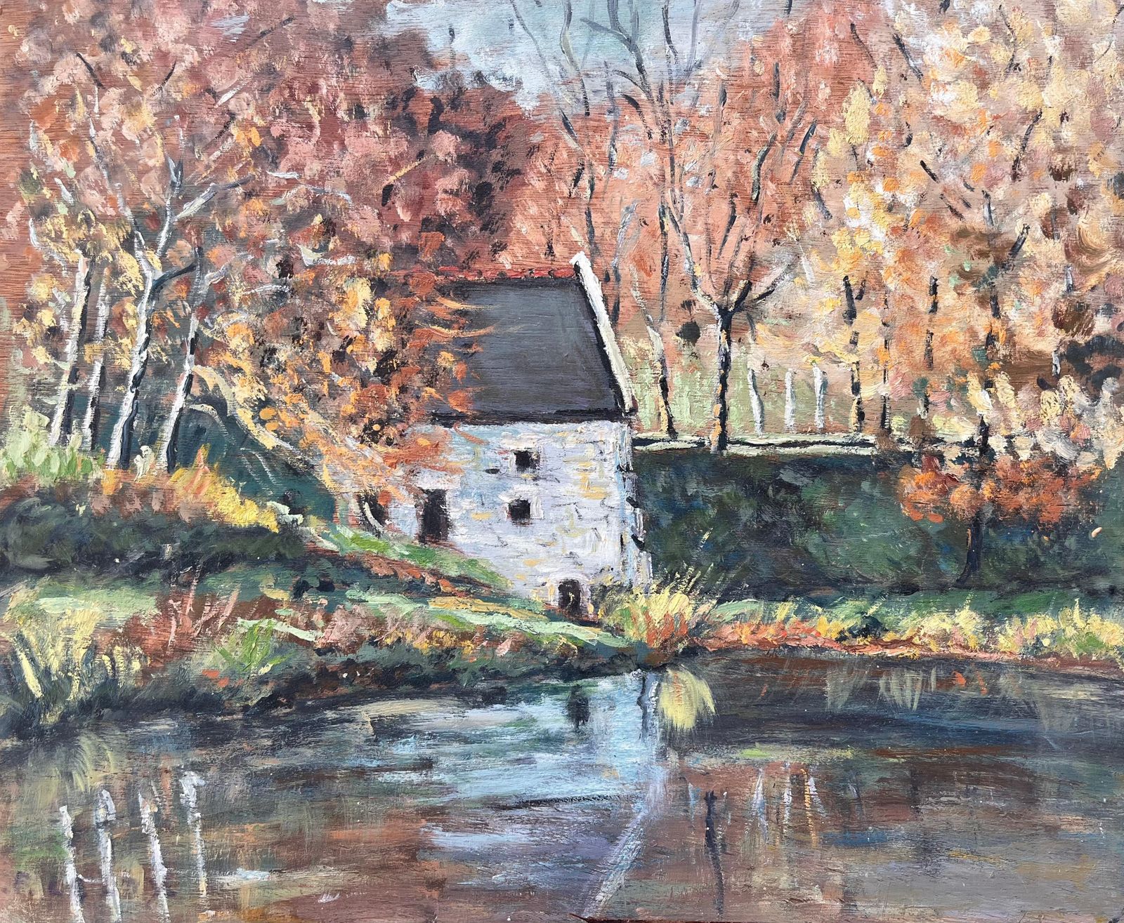 Fanch Lel French Autumn Landscape Oil Painting Of Riverside Mill With Reflections