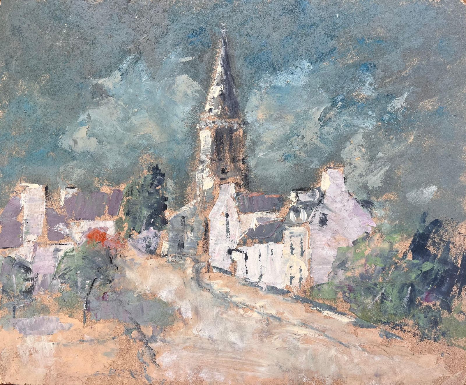 Fanch Lel French Village Church Tower Oil Painting With Dramatic Sky And Earthy Palette