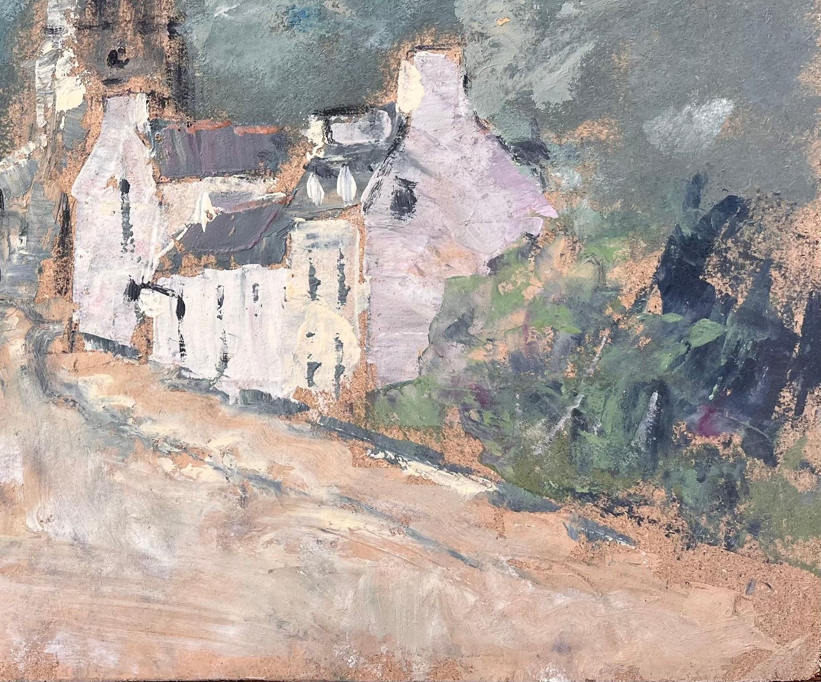 Fanch Lel French Village Church Tower Oil Painting With Dramatic Sky And Earthy Palette photo for sale