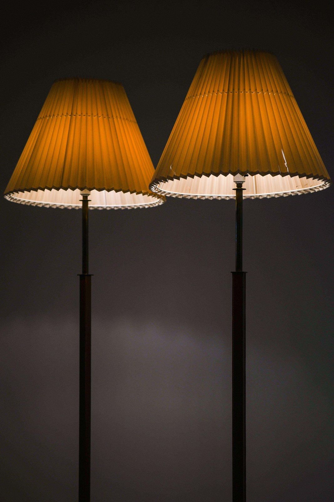 Rare Pair Of Floor Lamps In Leather, Brass And Original Shades, 1950's photo vinterior