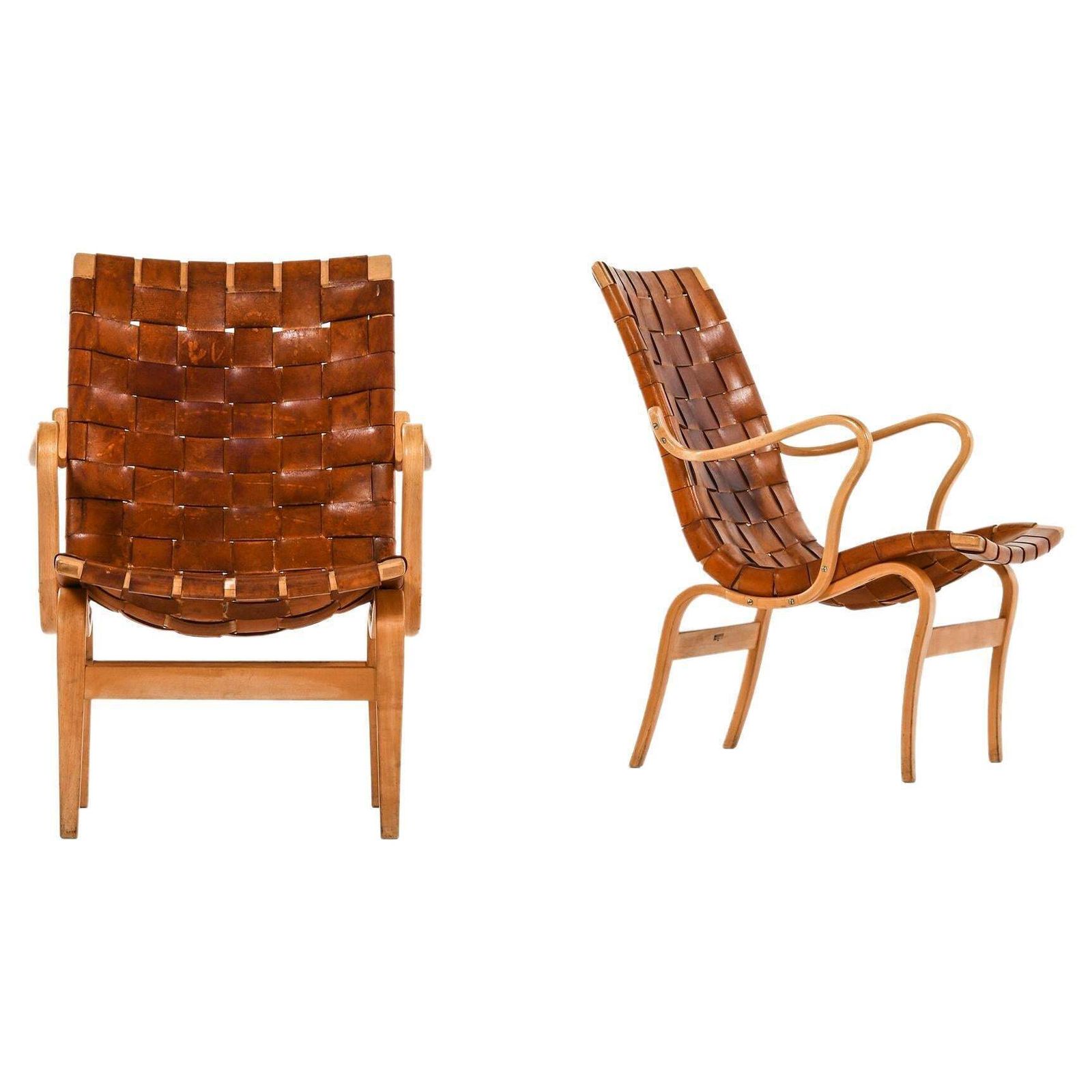 Pair Of Easy Chairs In Birch & Original Leather Webbing By Bruno Mathsson, 1968