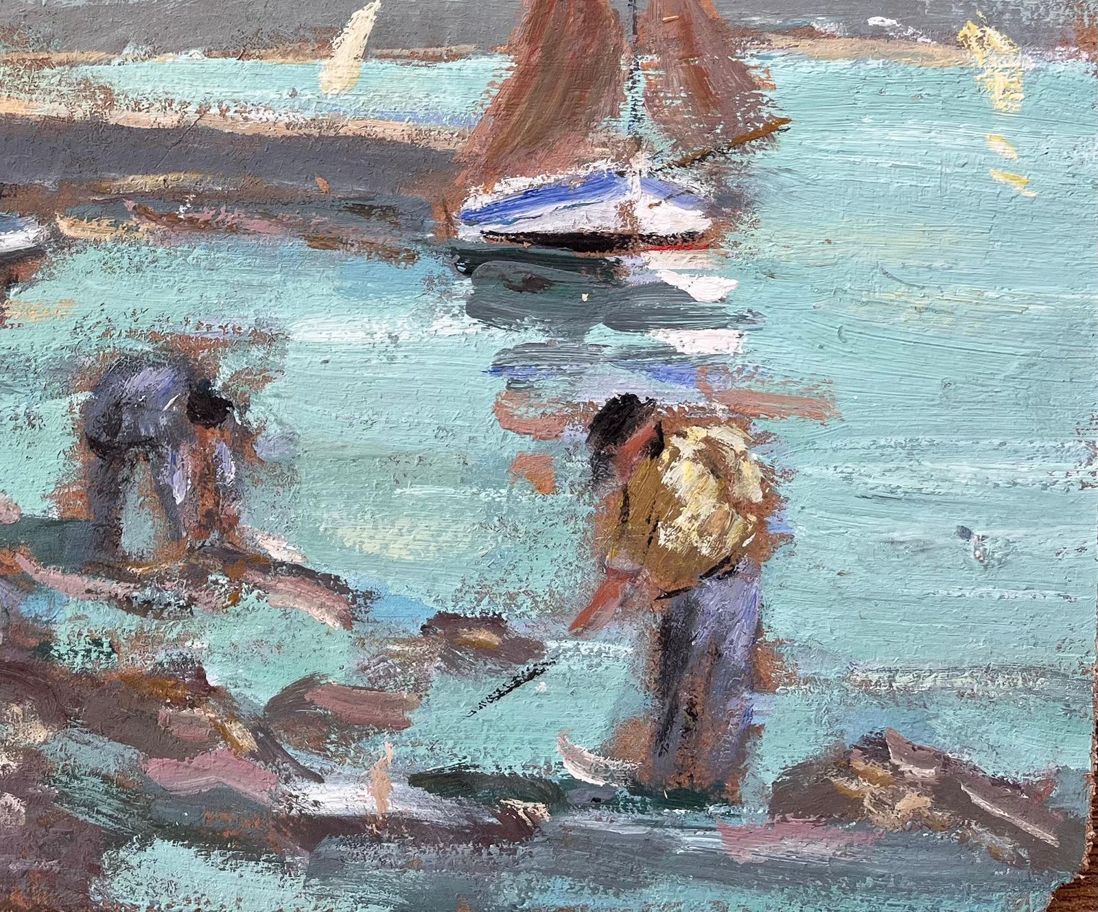 Fanch Lel Fishing Boats And Shellfish Gatherers By Coastal Fort With Seagulls photo for sale