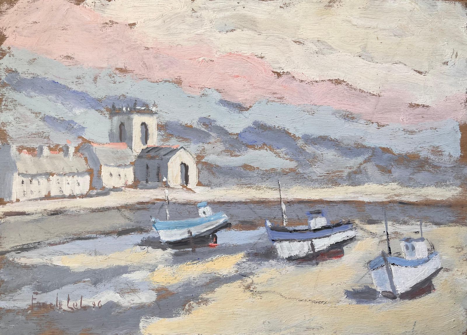 Fanch Lel Coastal Church And Fishing Boats In Morning Light With Pink Sky 1996