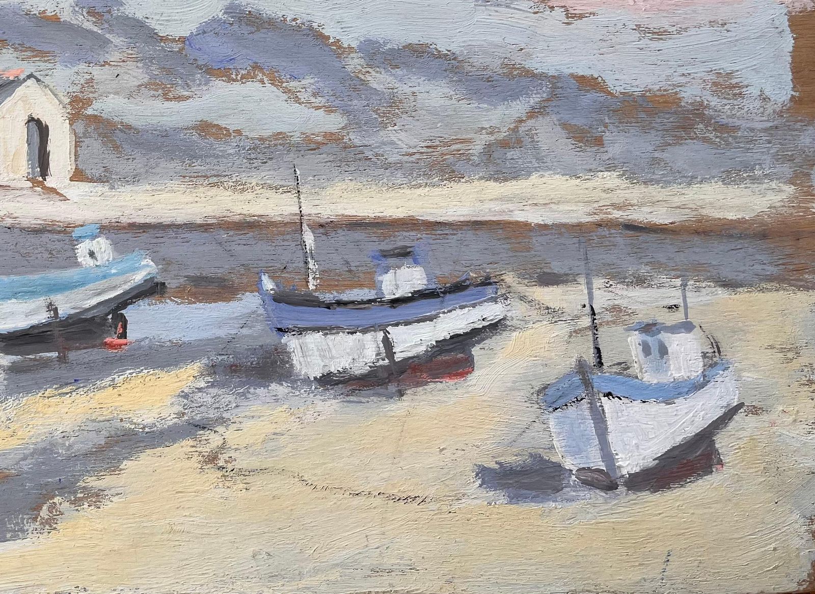 Fanch Lel Coastal Church And Fishing Boats In Morning Light With Pink Sky 1996 photo 515.0