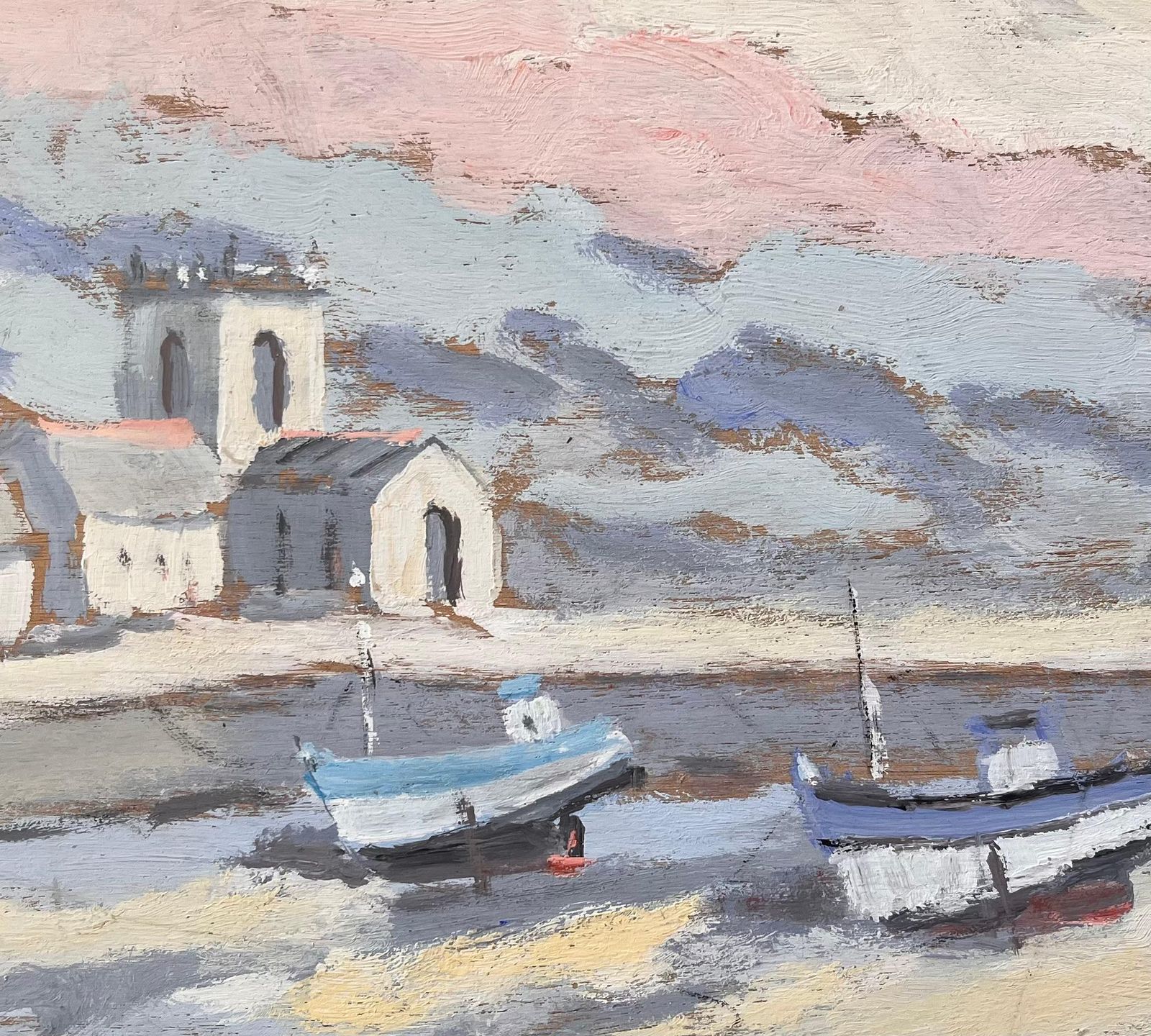 Fanch Lel Coastal Church And Fishing Boats In Morning Light With Pink Sky 1996 photo buy